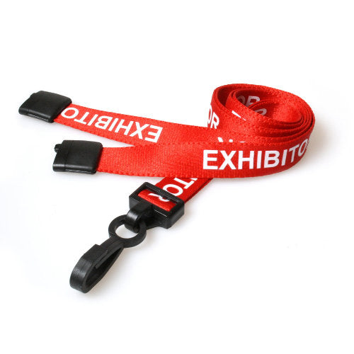 Pre-Printed EXHIBITOR Lanyard with Plastic J Clip & Safety Breakaway red