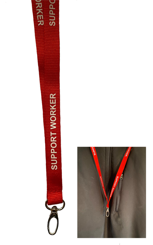 Red SUPPORT WORKER lanyard with metal lobster clip